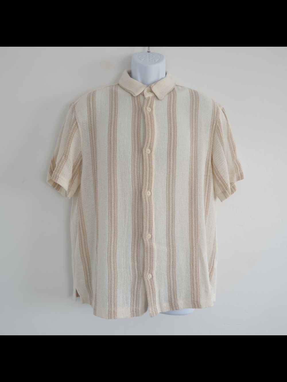 Zara Cream and Beige Striped Short-Sleeve Button-Down Shirt